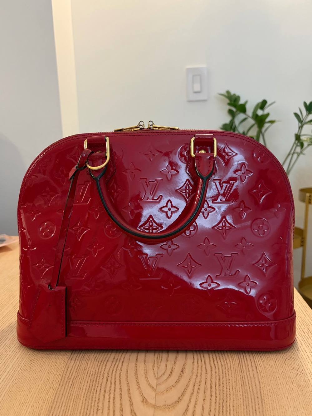 Louis Vuitton Red Vernis Alma Satchel with Gold Hardware